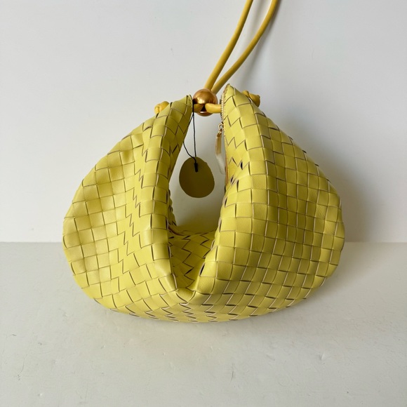 Yellow Intrecciato Woven Half Moon Leather Clutch Wristlet Top Handle Bag - Picture 2 of 16